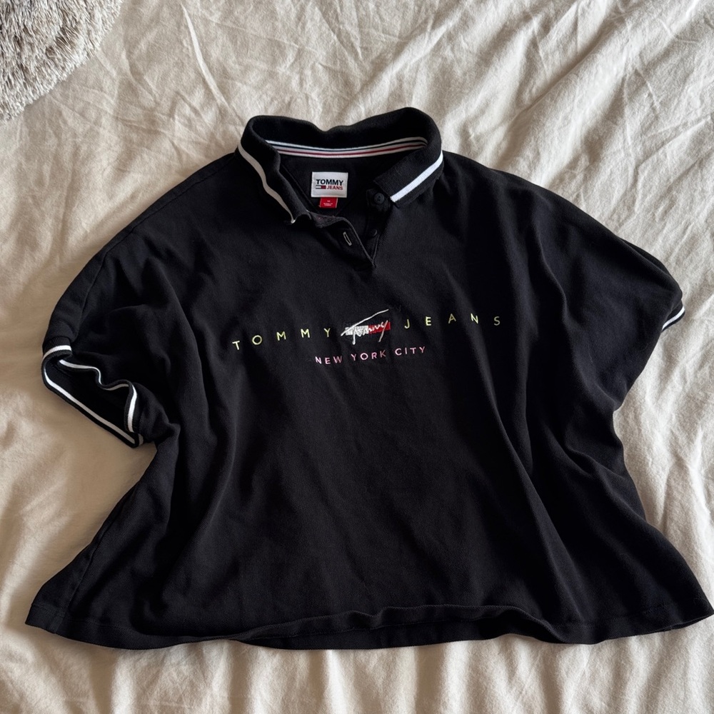 Tommy Hilfiger Black Cropped Polo with White Trim